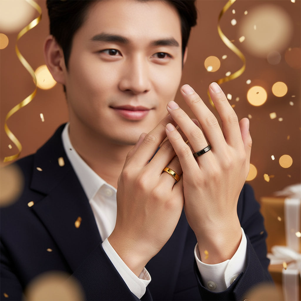 Gold and black rings on a white background