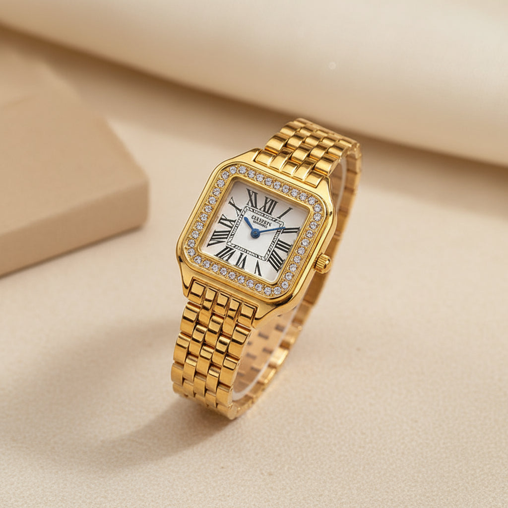 Gold watch on a wrist with a neutral background