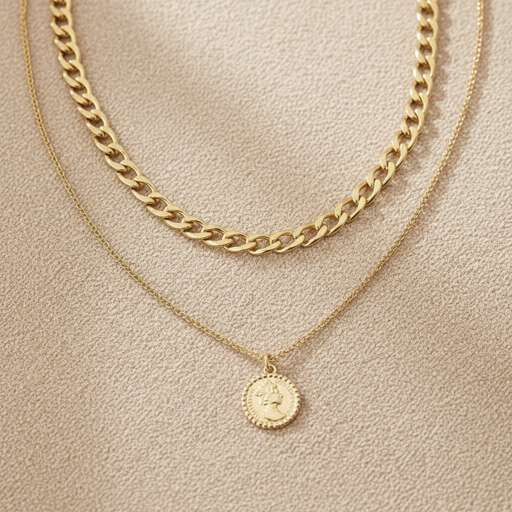 Portrait Gold Necklace Stack — Layered Titanium Steel