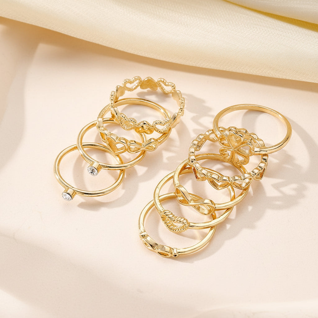 Gold Heart Ring Set | 9-Piece Edition