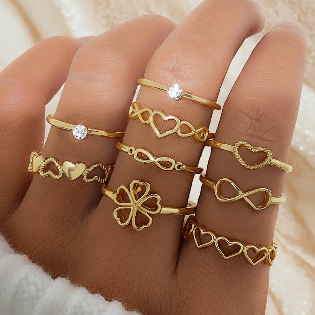 Gold Heart Ring Set | 9-Piece Edition