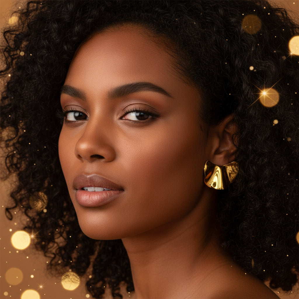 Pair of gold cat-shaped earrings on a white background