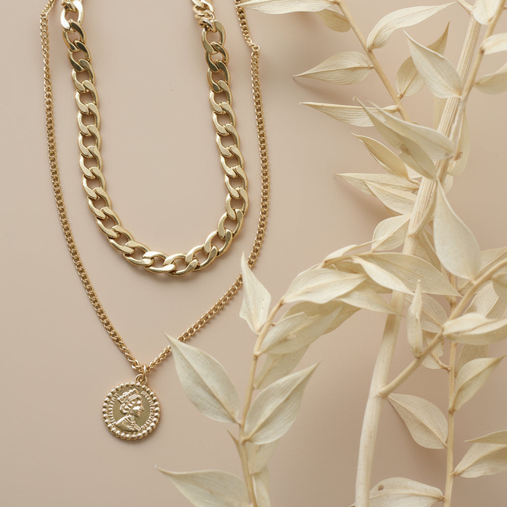 Portrait Gold Necklace Stack — Layered Titanium Steel