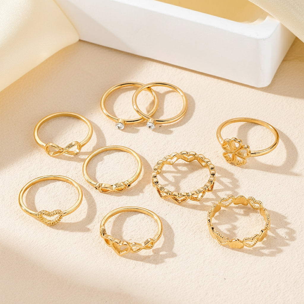 Gold Heart Ring Set | 9-Piece Edition