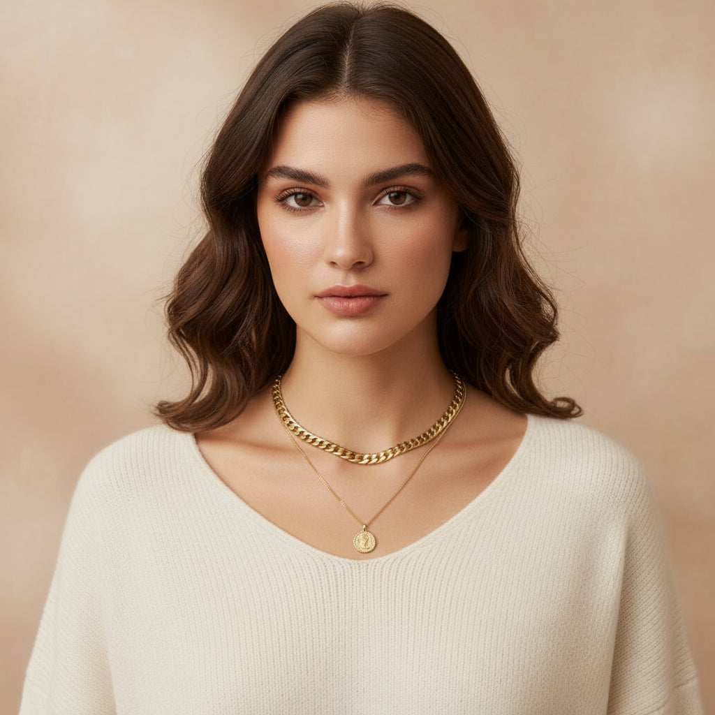 Portrait Gold Necklace Stack — Layered Titanium Steel