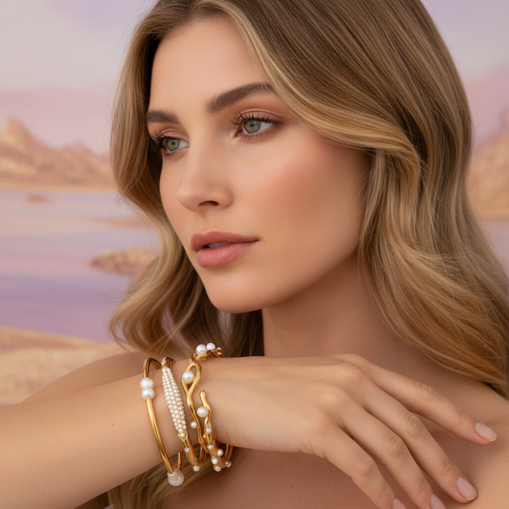 Gold bracelet with pearl accents on a white background