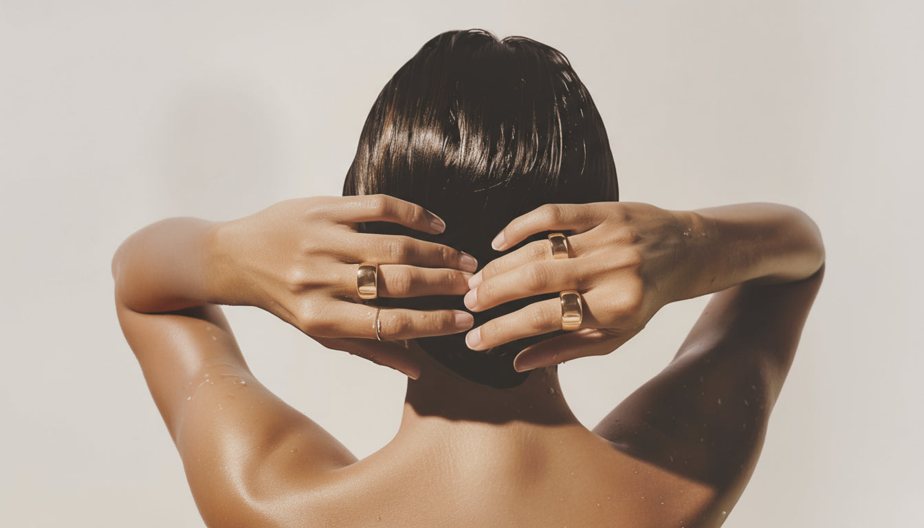 Woman wearing Aimaro premium gold rings, minimal modern jewellery.