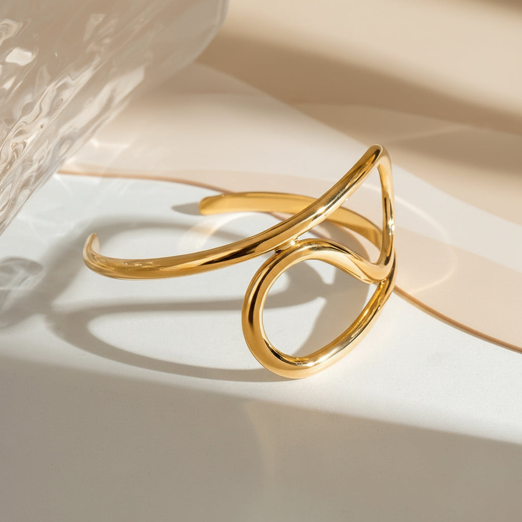Gold Irregular Lines Open Bangle — Sculpted Stainless Steel Bracelet