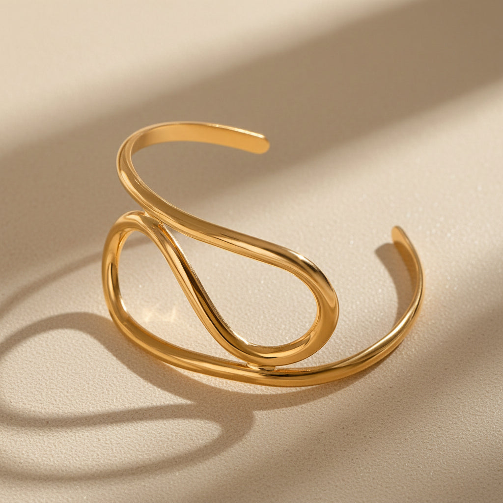 Gold Irregular Lines Open Bangle — Sculpted Stainless Steel Bracelet