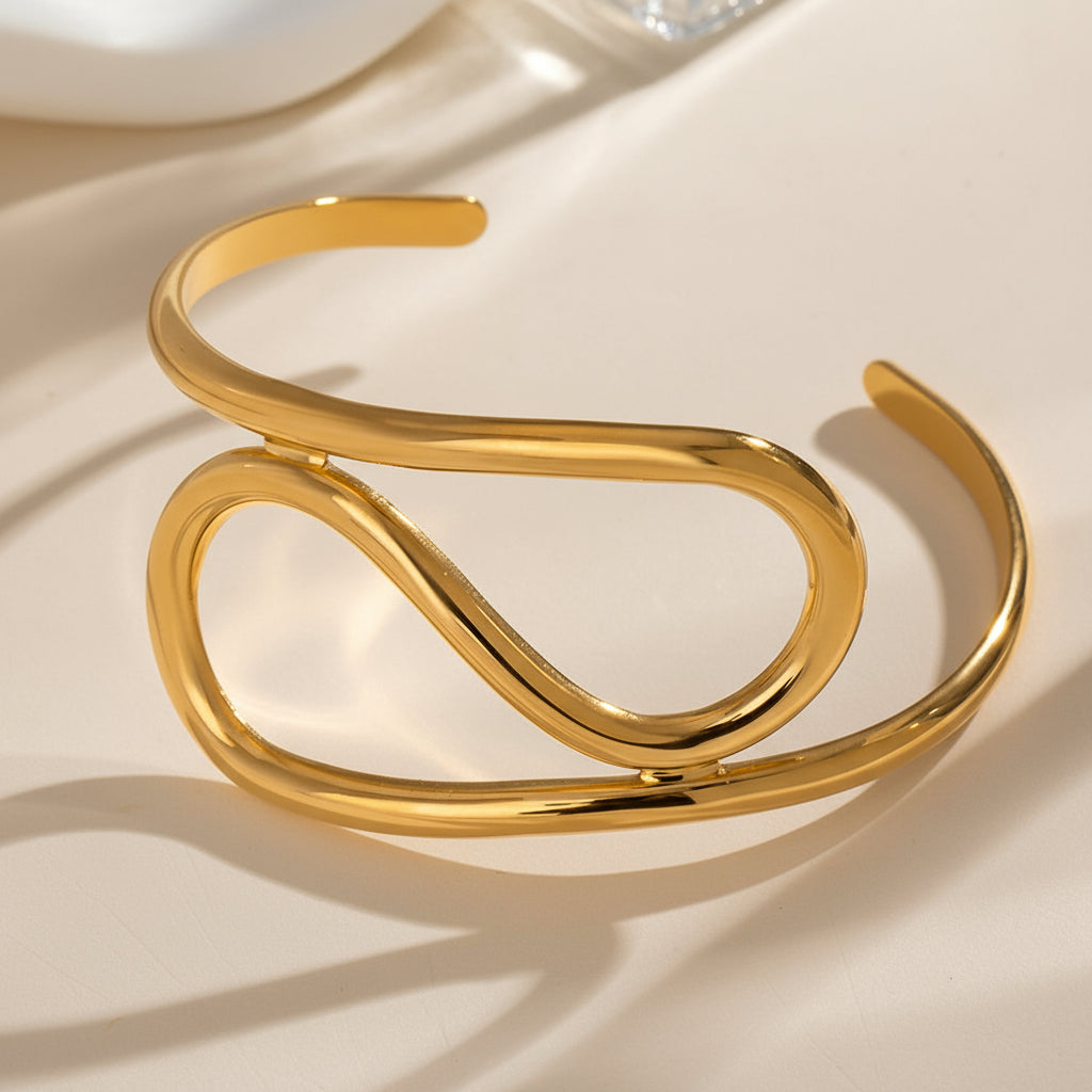 Gold Irregular Lines Open Bangle — Sculpted Stainless Steel Bracelet