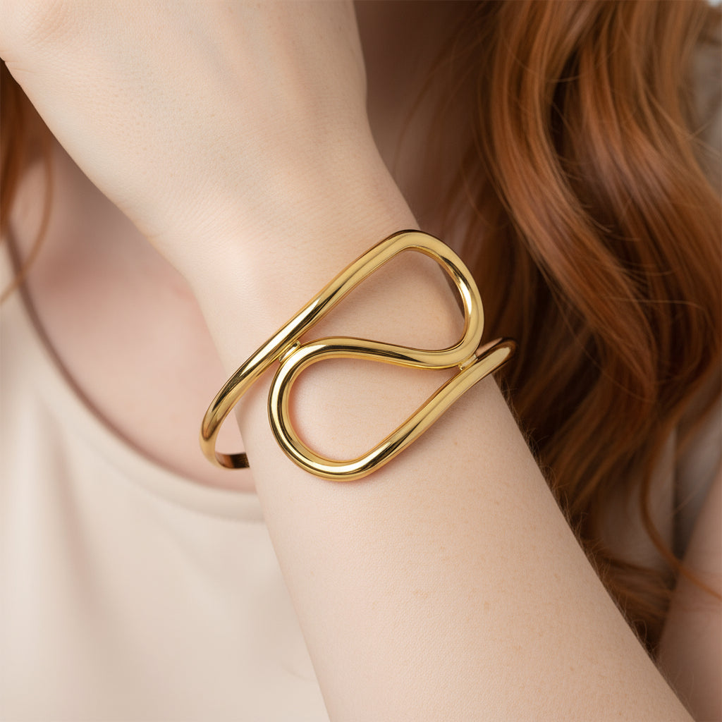Gold Irregular Lines Open Bangle — Sculpted Stainless Steel Bracelet